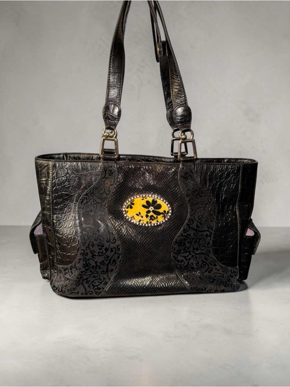 Black Embossed Tote with Yellow Floral Accent
